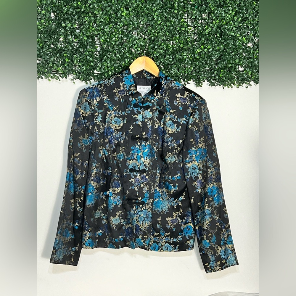 Metaphor Vintage Brocade Jacket Womens Size L Black Blue Asian Floral Pattern